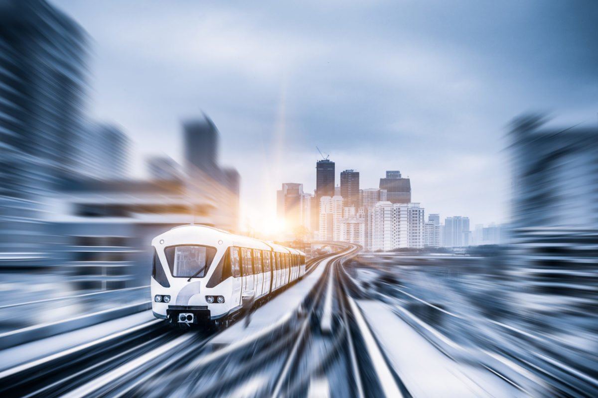 A metro train on an urban line
