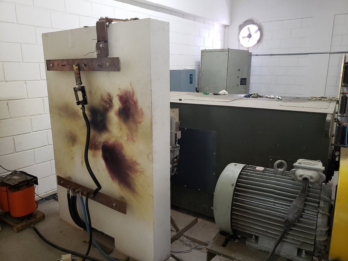 A test panel scorched by a short-circuit interruption test