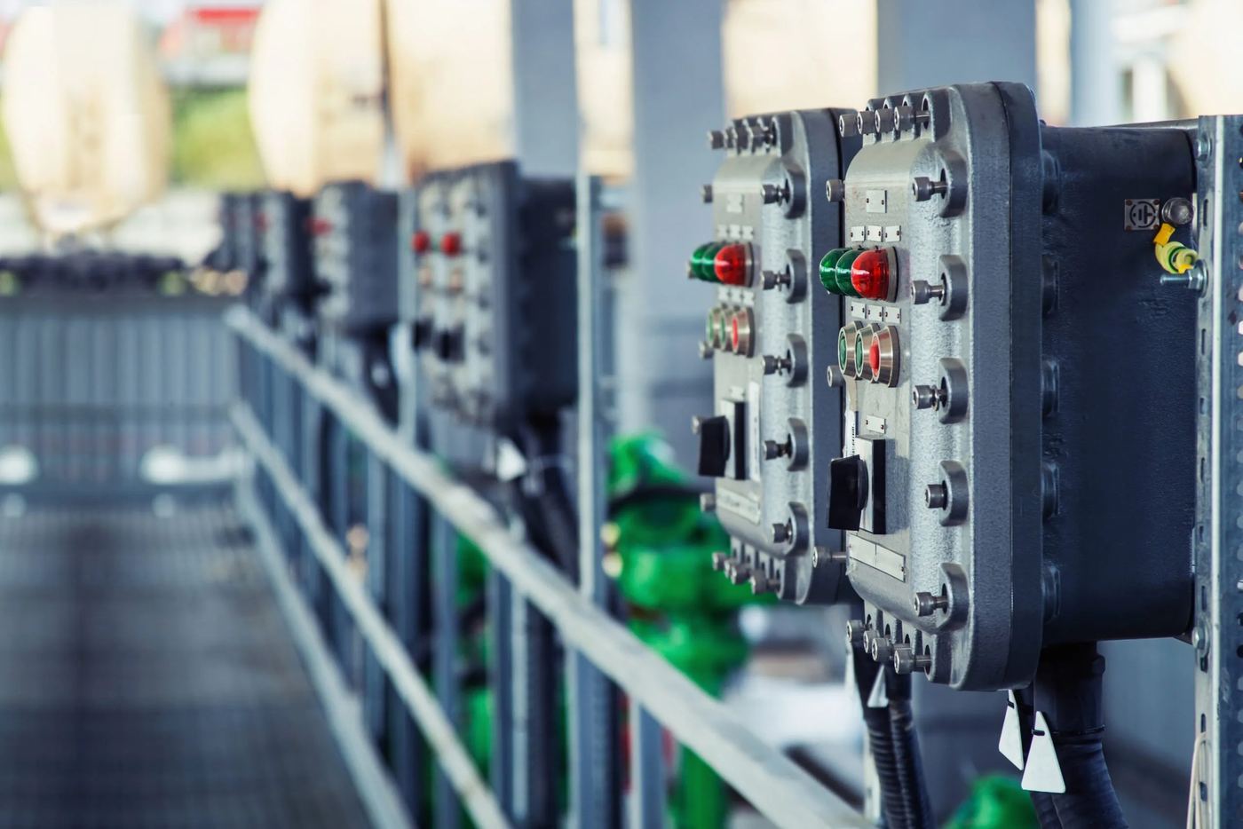 A row of industrial switchgear cabinets